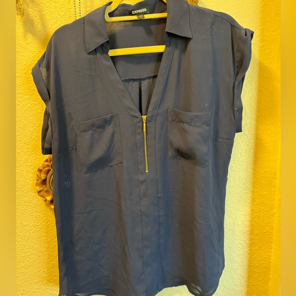 Express Tops - Express Navy Short-Sleeve Zip Front Blouse